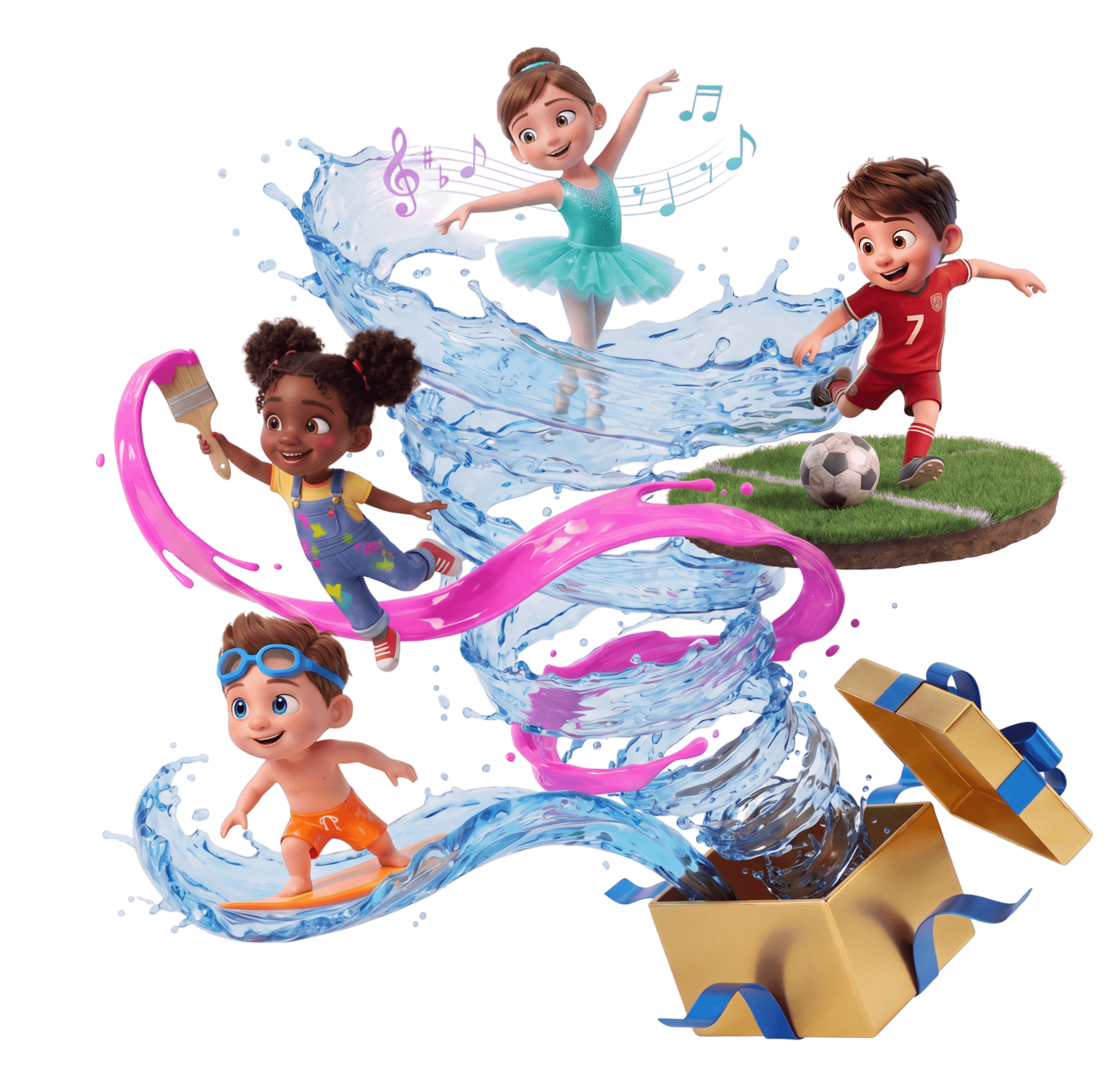 Kids celebrating as a gift box opens into a magical splash of activities