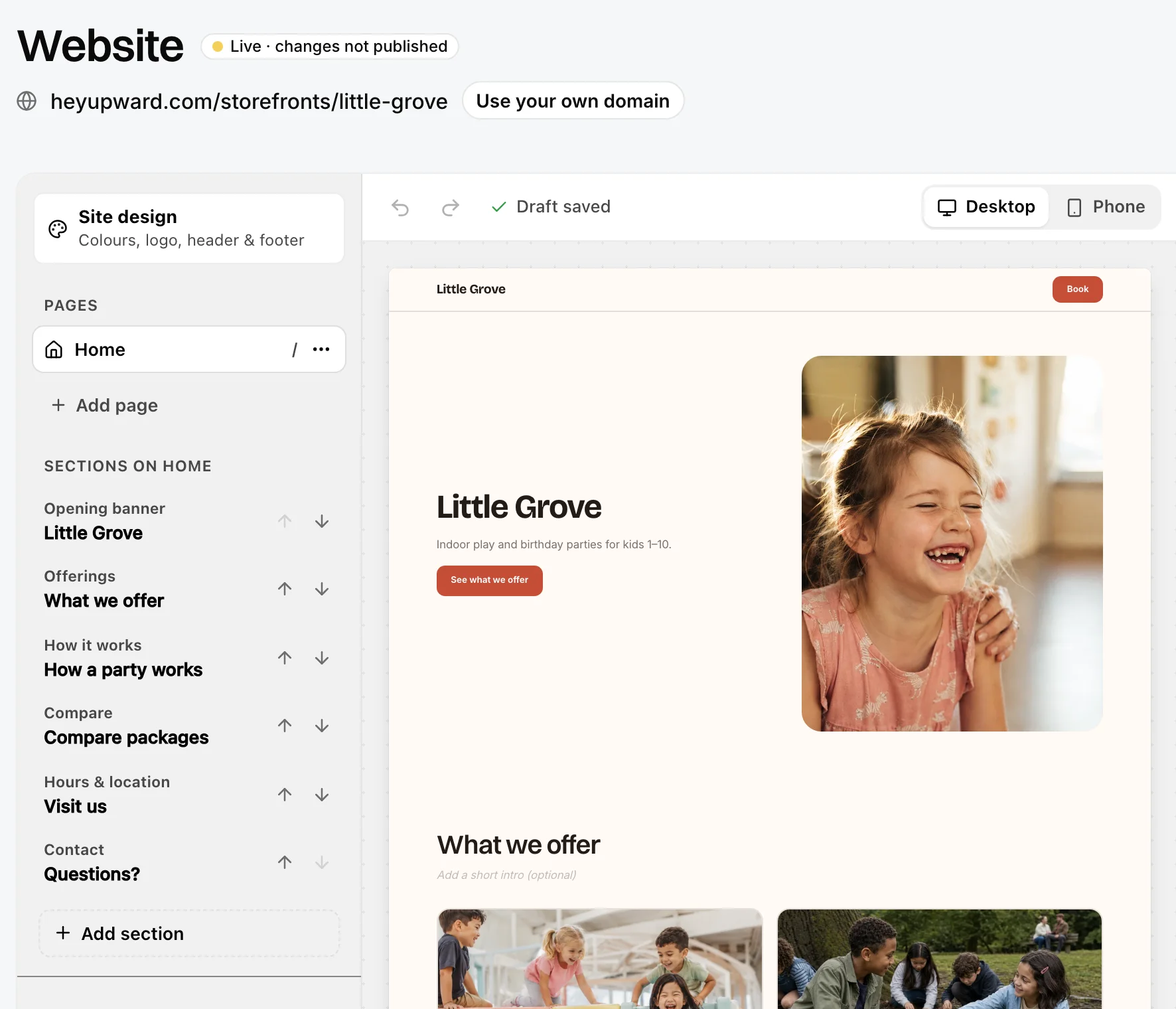 The Upward website editor: the site's sections listed in order with arrows to move them, and the live page beside them with a Desktop and Phone switch