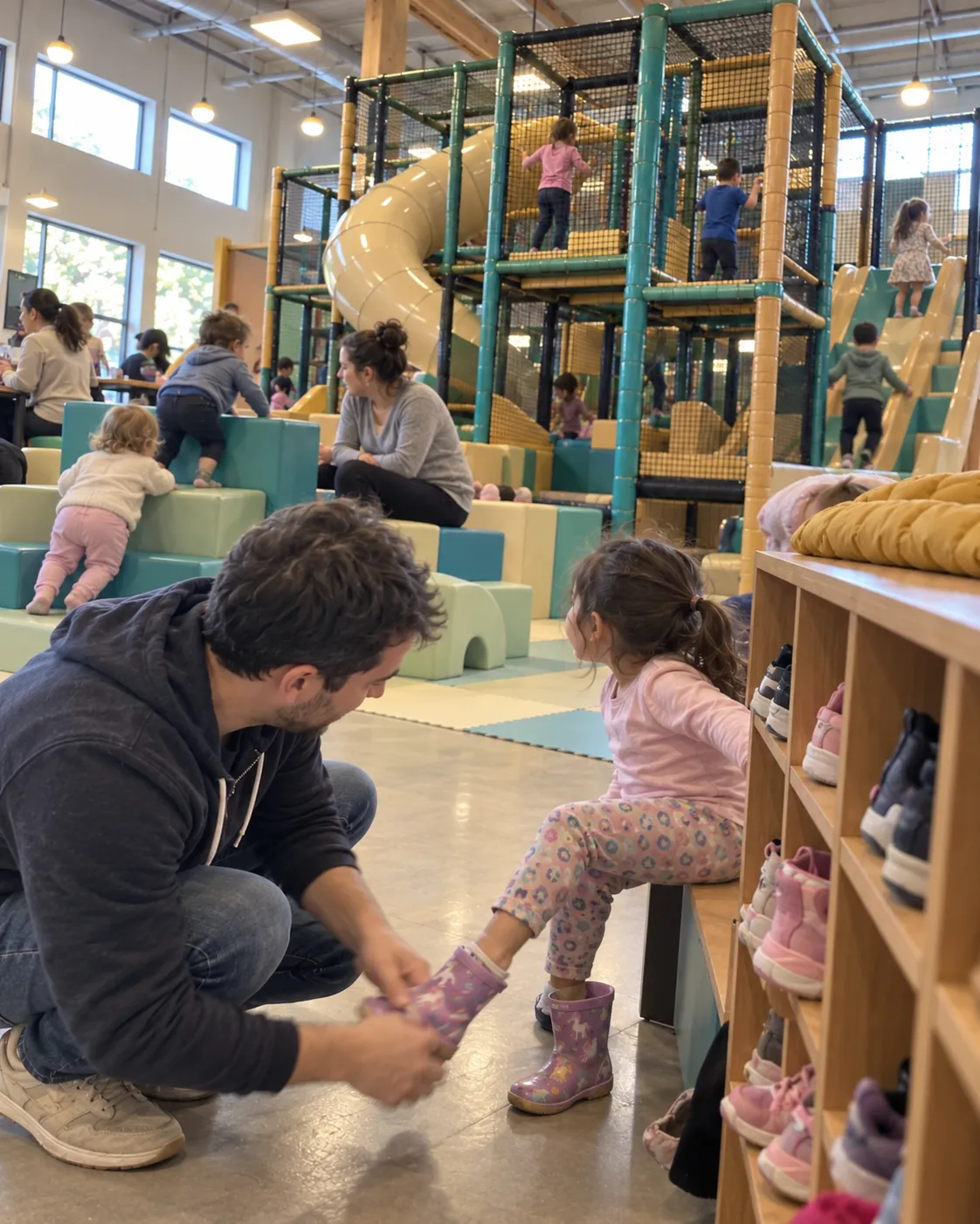 A dad helps his daughter with her shoes at the cubbies before drop-in play