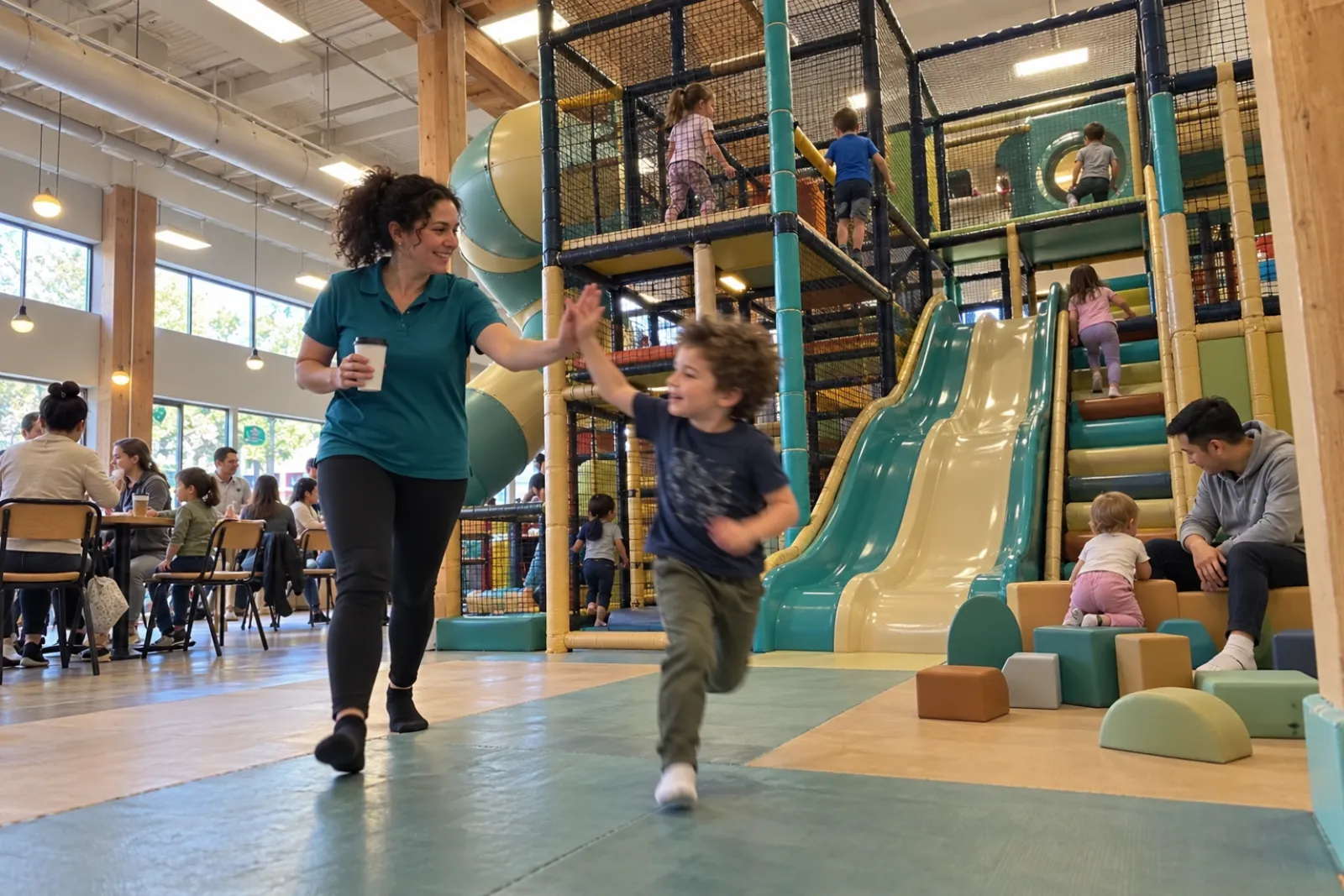 A staff member high-fives a boy running across the play floor