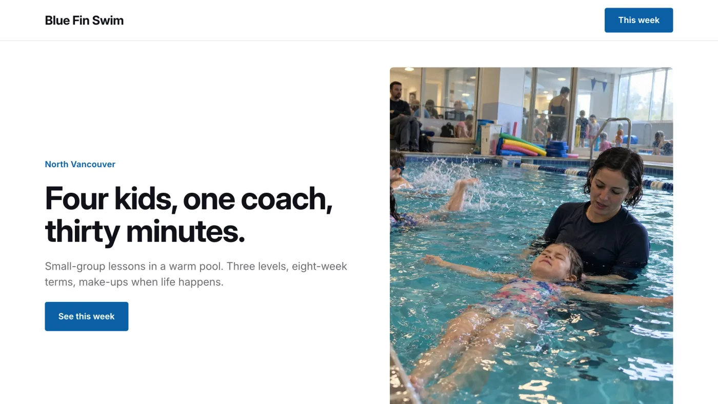 Blue Fin Swim’s website: a minimal blue site with a weekly timetable