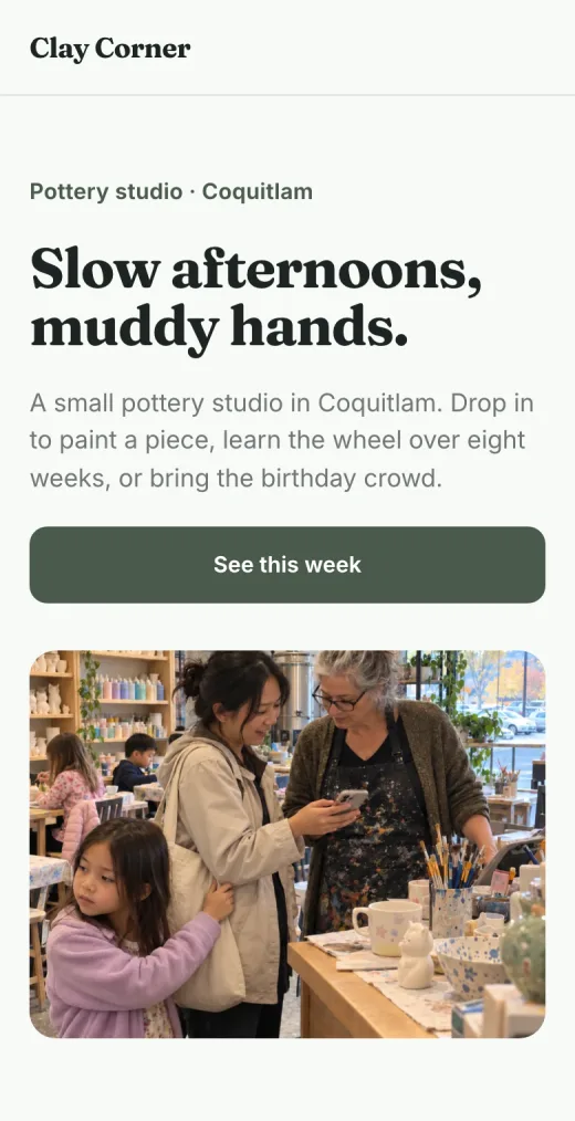 Clay Corner’s website on a phone: a calm pottery studio site with a serif heading