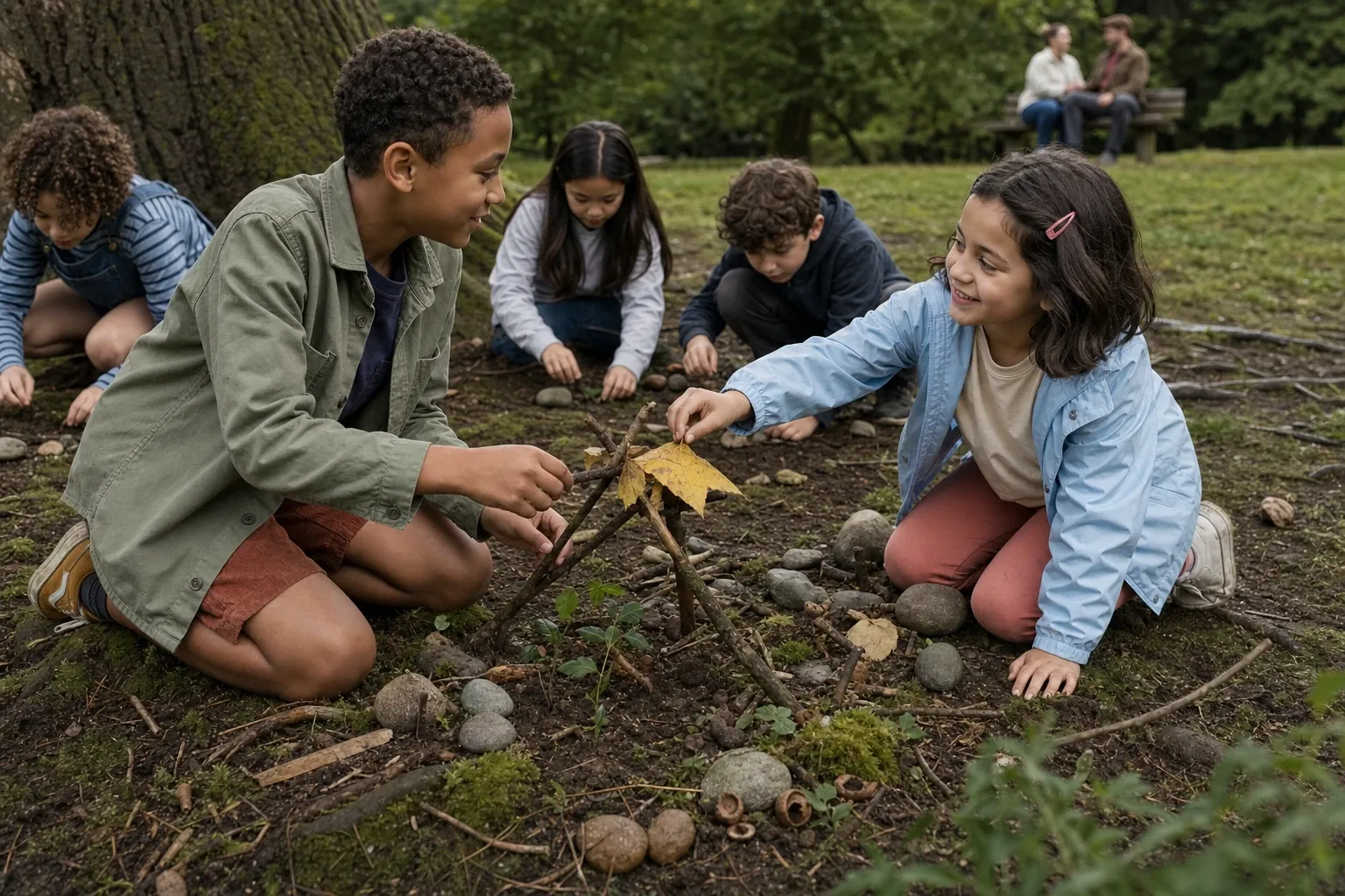 Children building a little den out of sticks together at the park while parents chat on a bench nearby