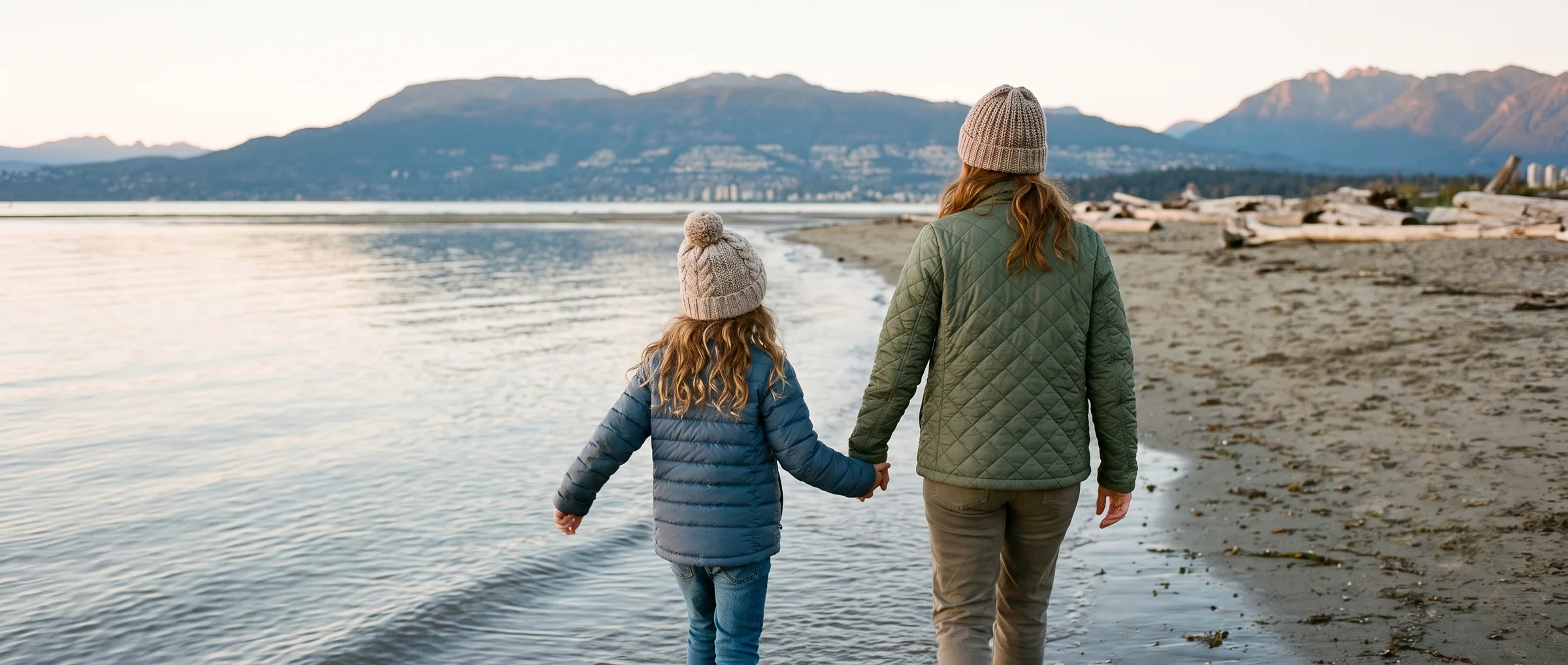 Mila and her mother walking hand in hand along Spanish Banks at low tide, the North Shore mountains across the water