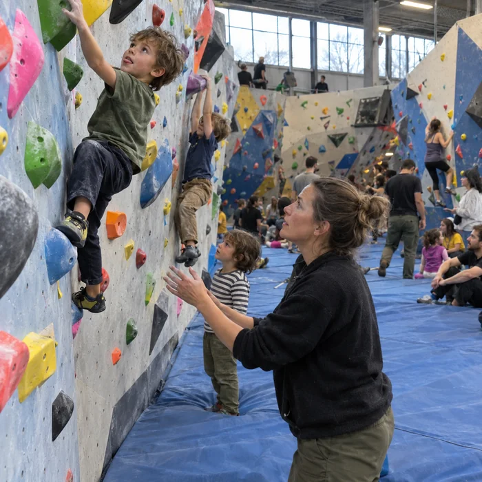 A boy climbing a colourful bouldering wall while his mum spots him