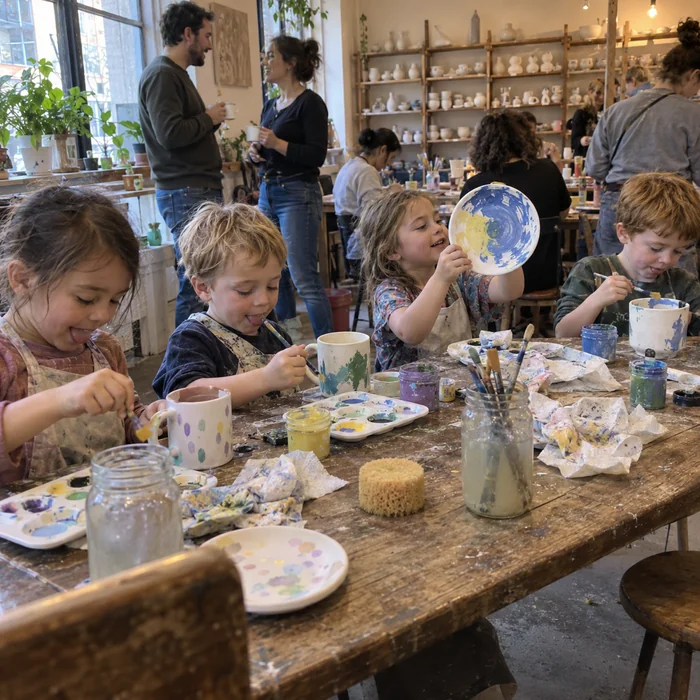 Kids painting mugs and plates at a pottery studio