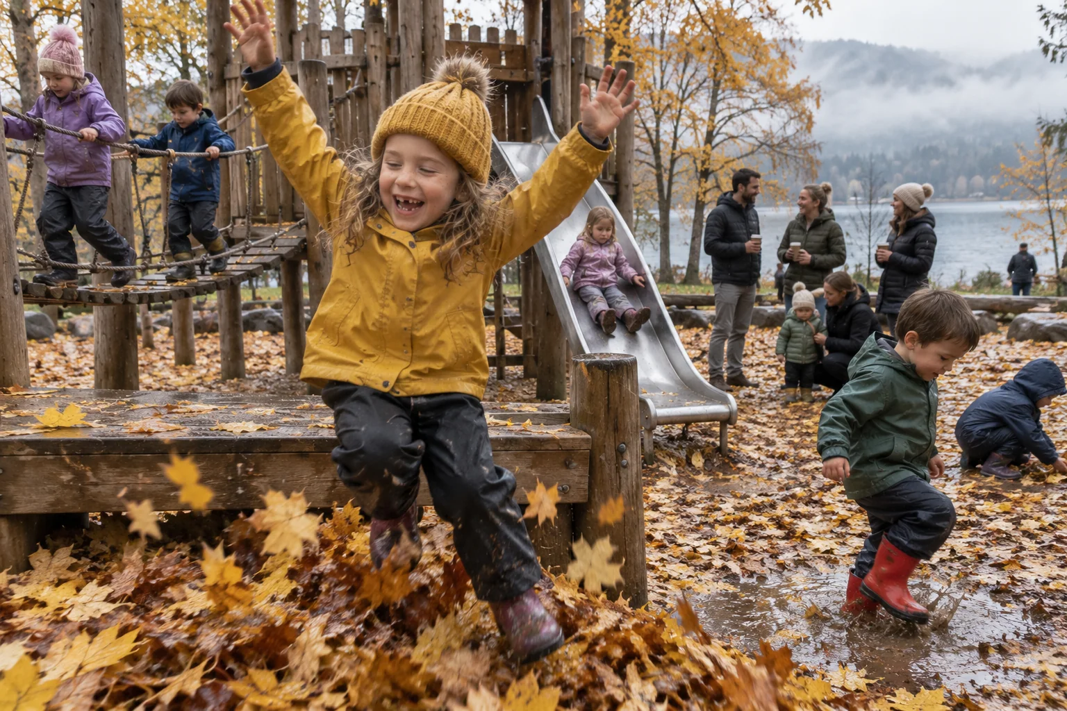 Kids playing all over a wooden lakeside playground on an autumn morning, one jumping into a pile of leaves and one stomping in a puddle, while parents chat with coffee behind them
