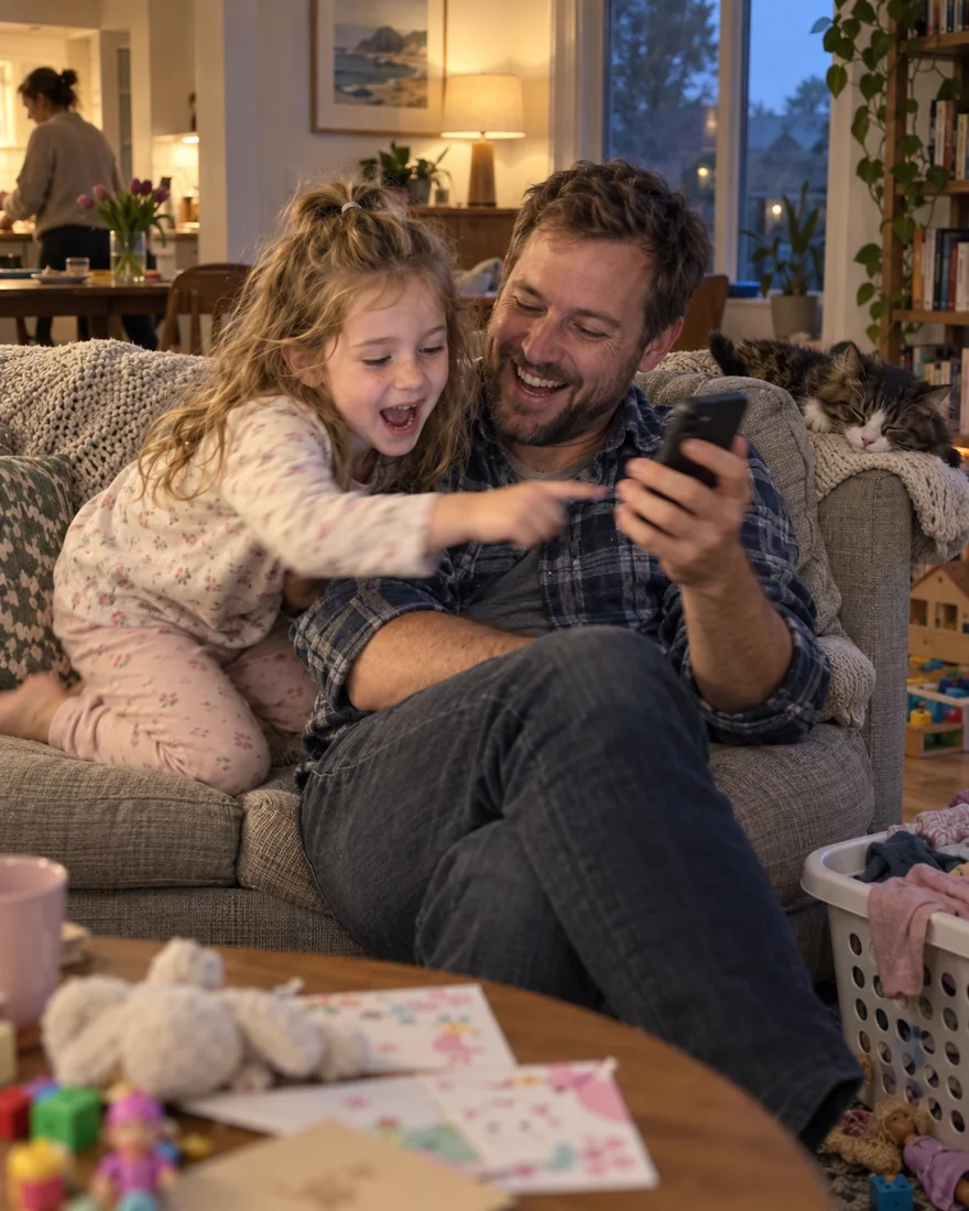 Mila kneels on the sofa beside her dad, pointing at his phone as they choose her birthday invitation
